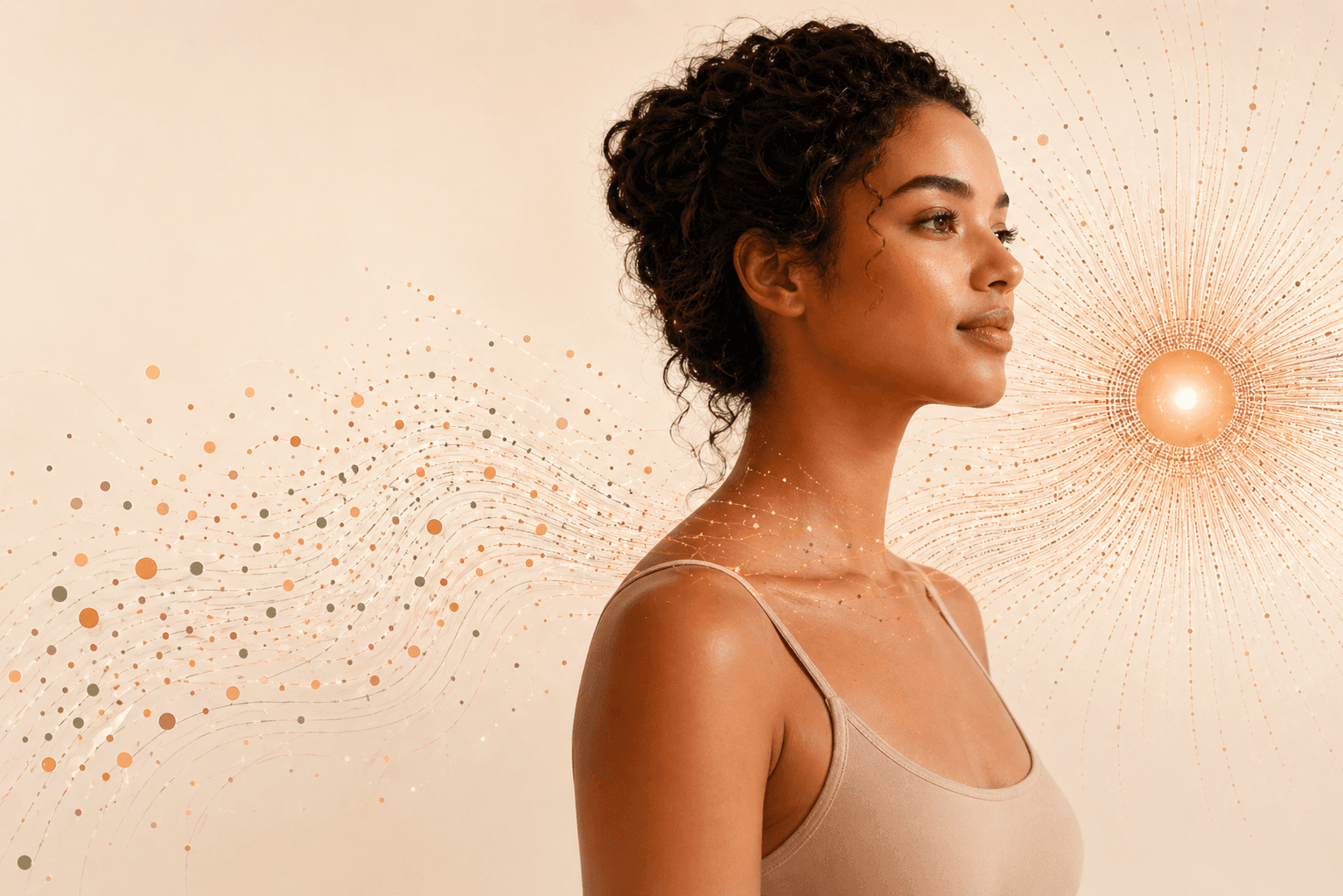 A woman's profile with sun and signal patterns radiating from her — visualising body signals and pattern